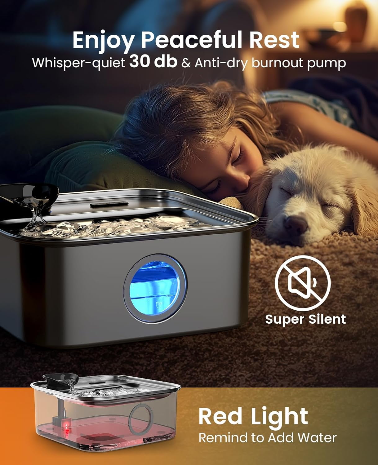 Stainless Steel Automatic Pet Water Fountain, 10L/2.6Gal Large Capacity, Wide Deep Drinking Area, Water Level Window and Triple Filtration System for Large Dogs and Multi-Pet Families