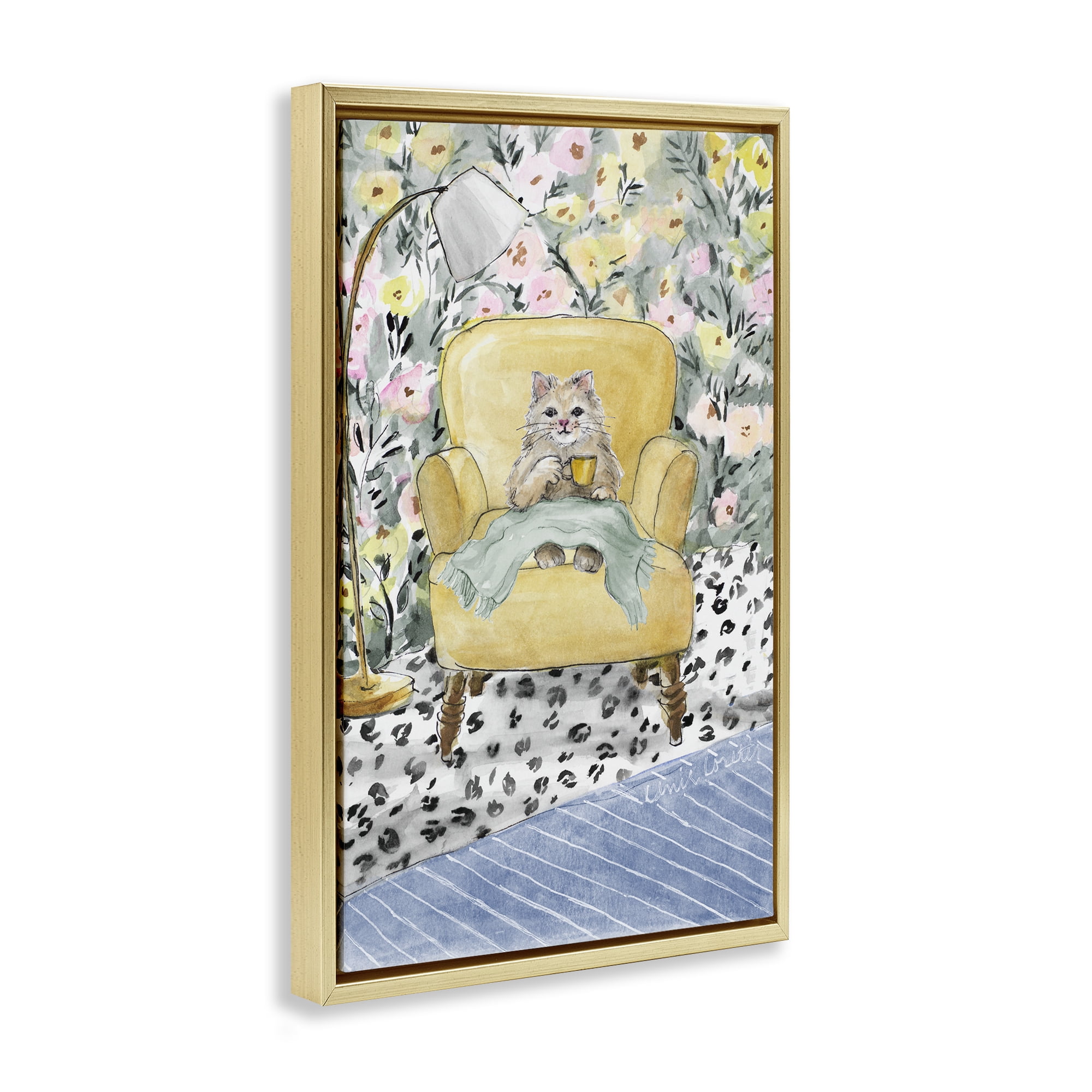 Stupell Industries Cozy Cat Relaxing Gold Framed Floater Canvas Wall Art, design by Lanie Loreth