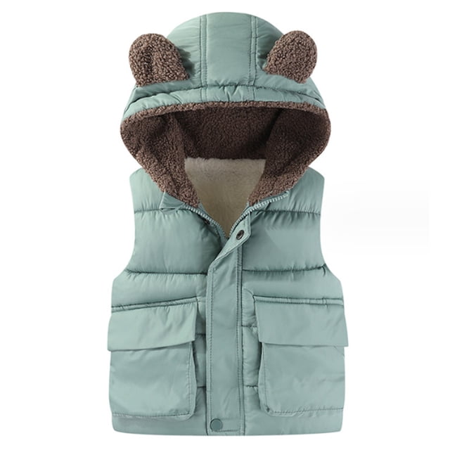 Chaleco acolchado con capucha para niños y niñas pequeños, chaqueta de invierno cálida y ligera, sin mangas, con cremallera y orejas de oso