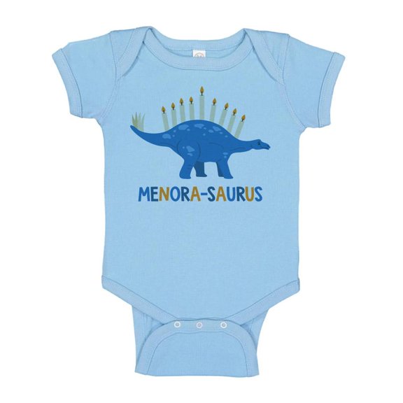 TeesAndTankYou Menora-saurus Hanukkah Baby Onesie Infant One Piece Bodysuit Newborn Light Blue
