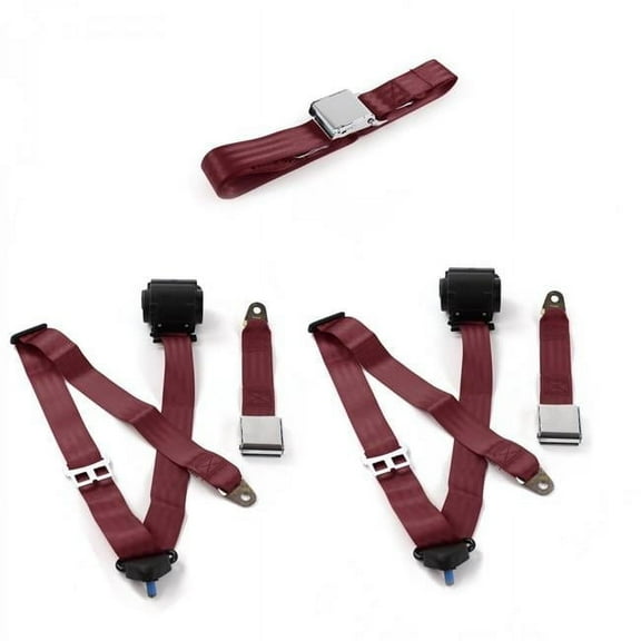SafeTboy 675800 Ford Truck 1980-1986 F150 Airplane 3 Point Burgandy Retractable Bench Seat Belt Kit - 3 Belts