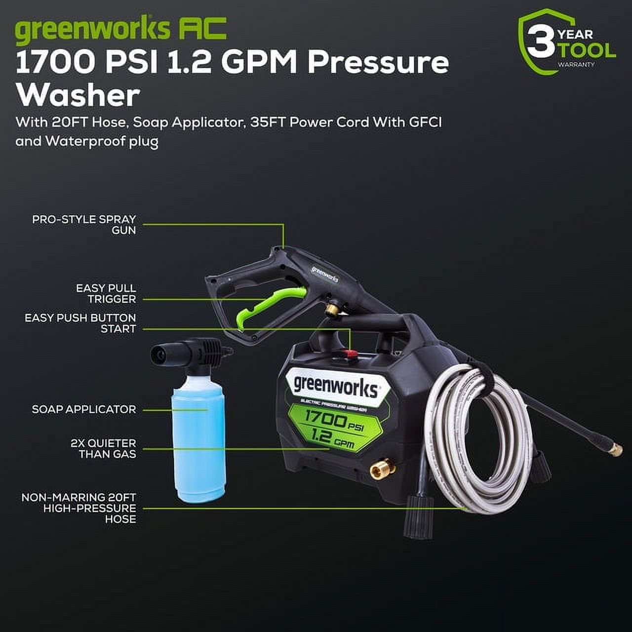 Greenworks 2000 PSI Electric Pressure Washer – Compact, Lightweight With 25ft Hose