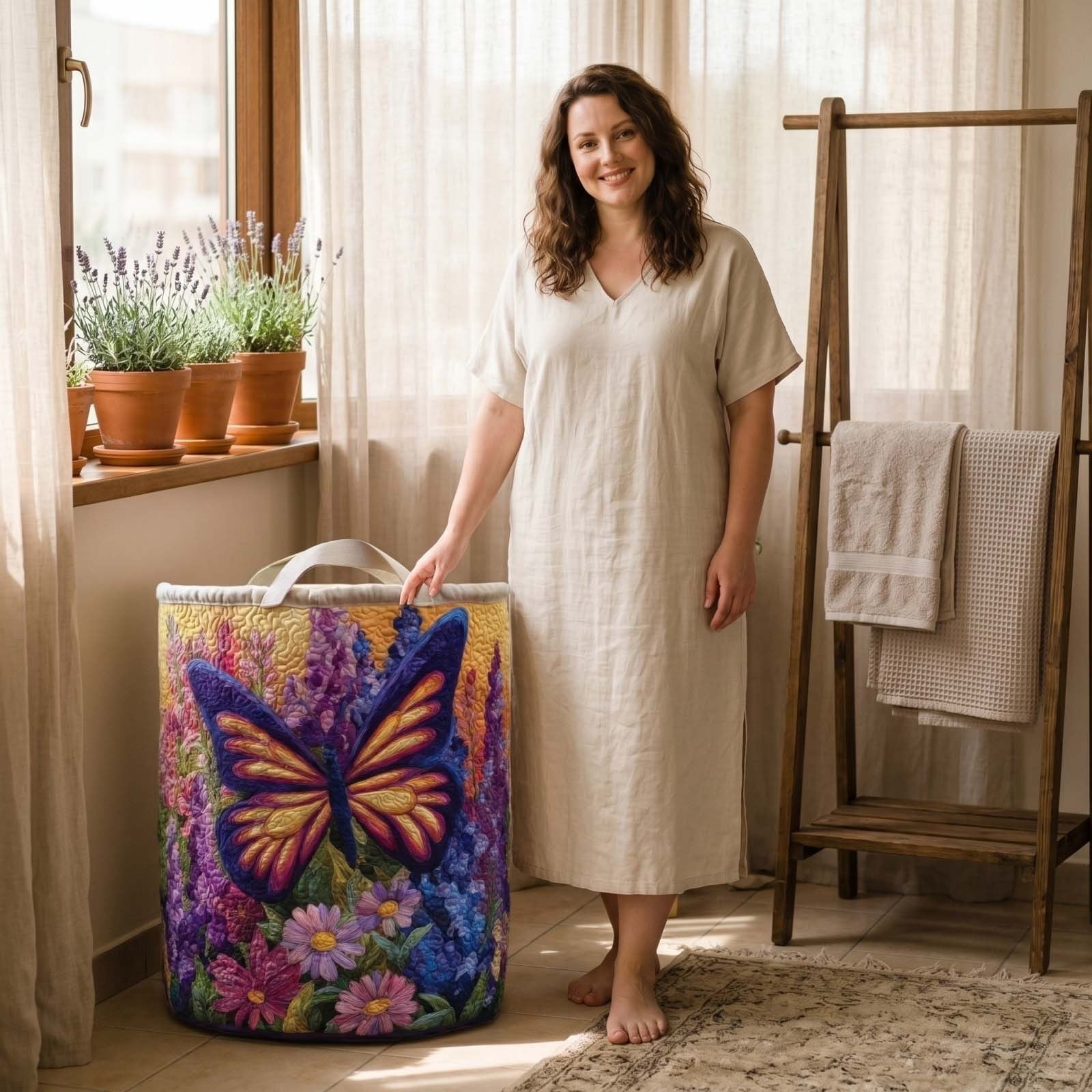 Quilted Laundry Basket with Handles, Boho Fabric Floral Storage Hamper, Collapsible Lightweight Multi-Functional Clothes Basket for Bedroom Nursery Laundry Room, 20"x28"