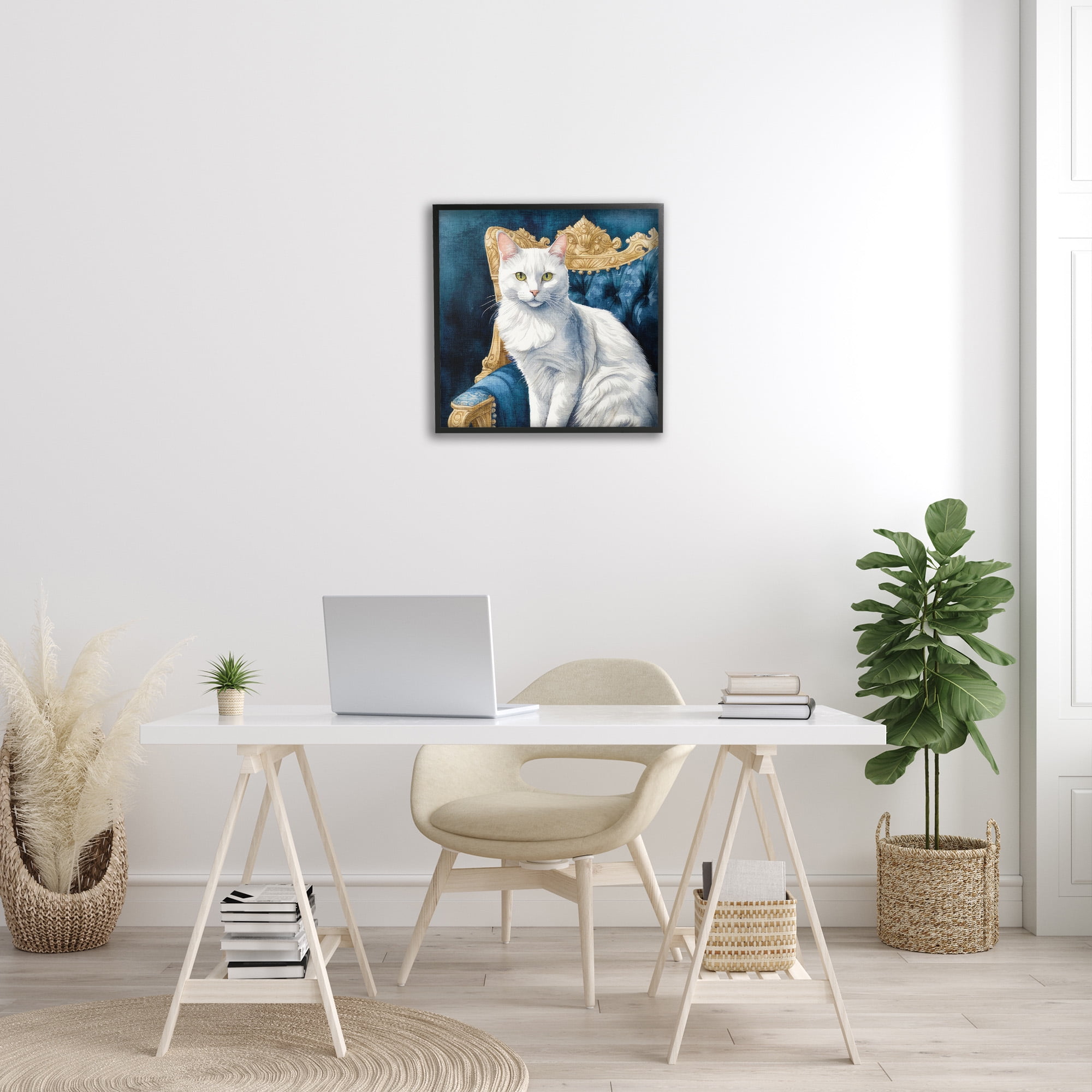 Stupell Industries White Cat & Ornate Chair Animals & Insects Painting Black Framed Art Print Wall Art, 24 x 24