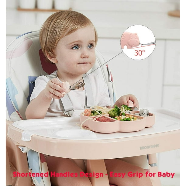 Ensemble fourchette et cuillère en silicone pour bébé, 2 fourchettes en  silicone, 2 cuillères en silicone pour bébé de 6 mois et plus, poignée en