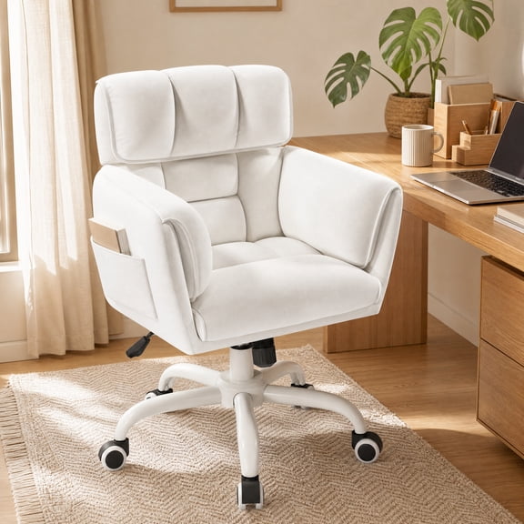 melmine Desk Chair with Armrests & Side Pocket Height Adjustable & Smooth Wheels Office Chair for Home Office, White