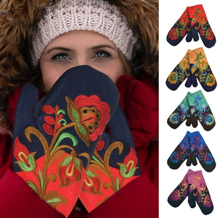 

Wool Gloves Women-Cashmere Gloves|Womens Work Gloves Thicken Winter Gloves With Flower Embroidery Warm Fingerless Gloves For Cold Weather