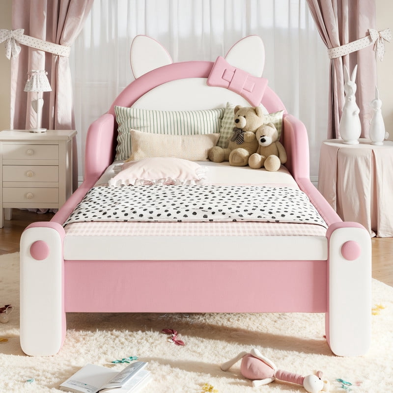 Twin Size Kids Platform Bed with Cartoon Cat-Shaped Headboard, Upholstered PU Leather Princess Bed, Low Profile Child Bed Frame