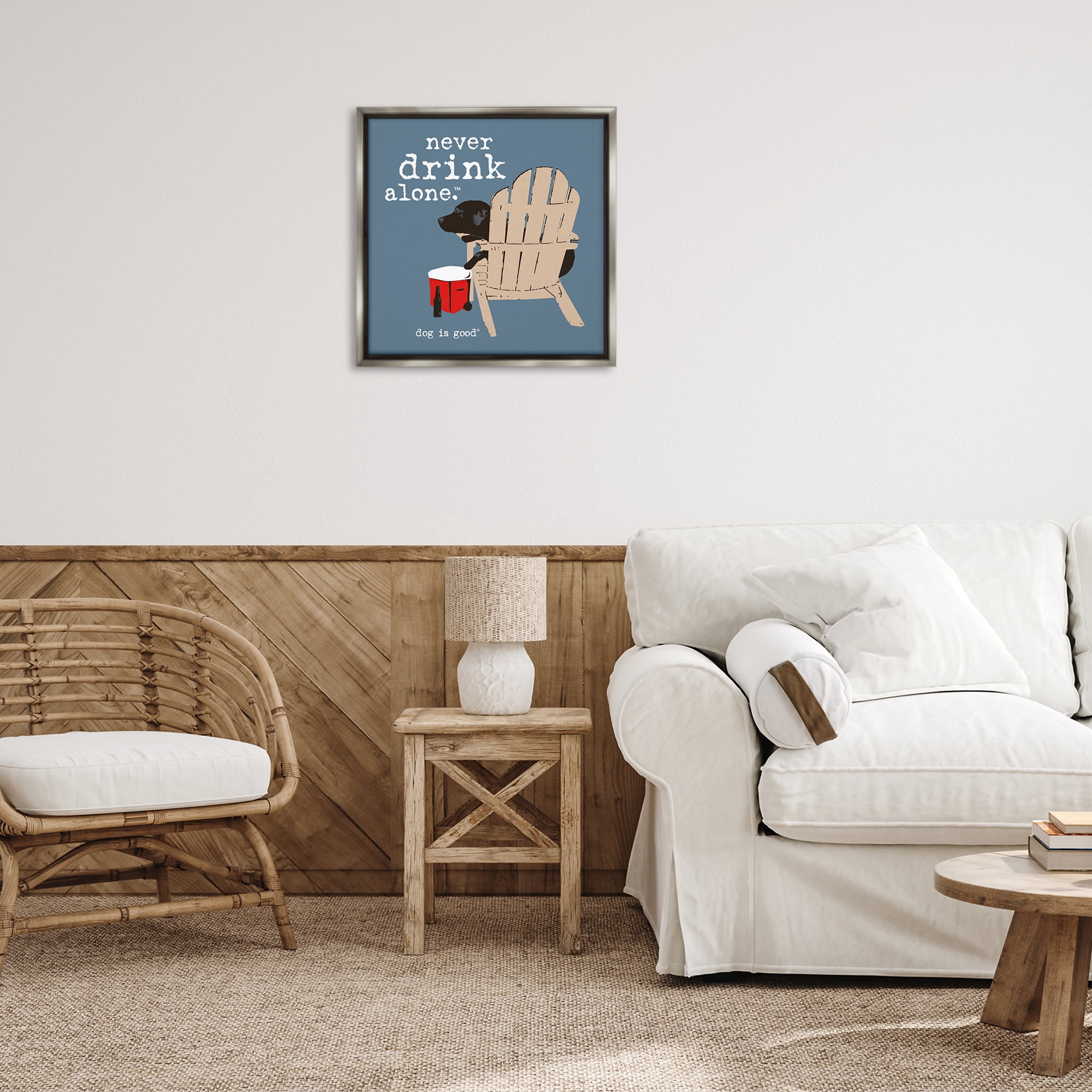 Stupell Industries Never Drink Alone Phrase Animals Painting Gray Floater Framed Canvas Art Print Wall Art, 25 x 25