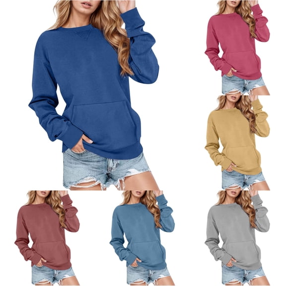 MEZZALL Women Sweatshirts Solid Color Long Sleeve Casual Pullover Crewneck Pockets Athletic Sportswear Basic Daily Outdoor Soft Travel Tops