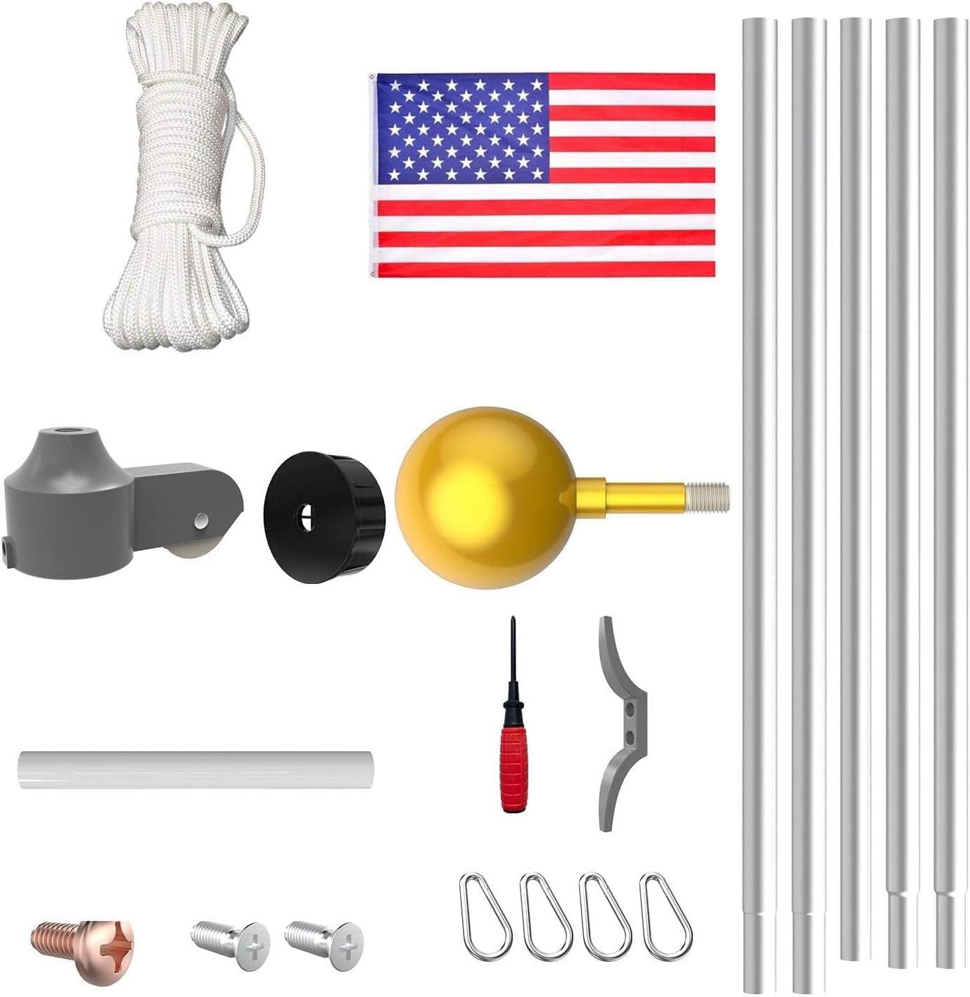 14 Gauge Flag Pole for Outside In Ground - 20 FT Heavy Duty Flagpole Kit for Yard - Extra Thick Outdoor Flag Poles with 3x5 American Flag for Residential or Commercial, Silver