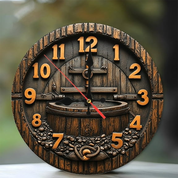 Wooden Barrel Wall Clock Rustic Farmhouse Decor 10-Inch Silent Wooden Wall Clock, Battery Operated (AA Batteries Not Included), Artistic Home Decor