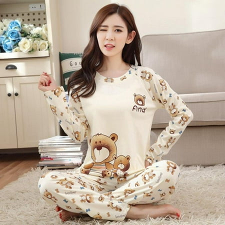 Women s Pajama Sets Cartoon Print Pajama Sets Long Sleeves Autumn Winter Pajama Sets Sweet Loose Sleepwear Walmart