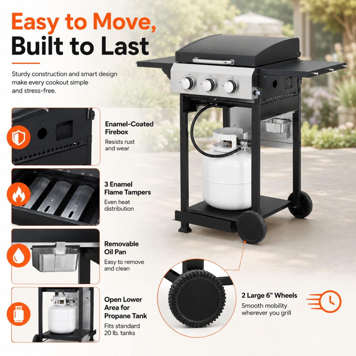 Miniyam 3 Burners BBQ Propane Gas Grill with Side Burner for Outdoor Barbecue, 36900 BTU Output