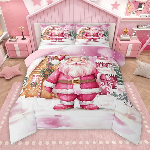 Manfei Girly Pink Santa Claus Bedding Comforter Set, Watercolor Cartoon Twin Comforter Sets, Kawaii Christmas Theme Reversible Bedding Set, Luxury Bedroom Decor, 2-Piece