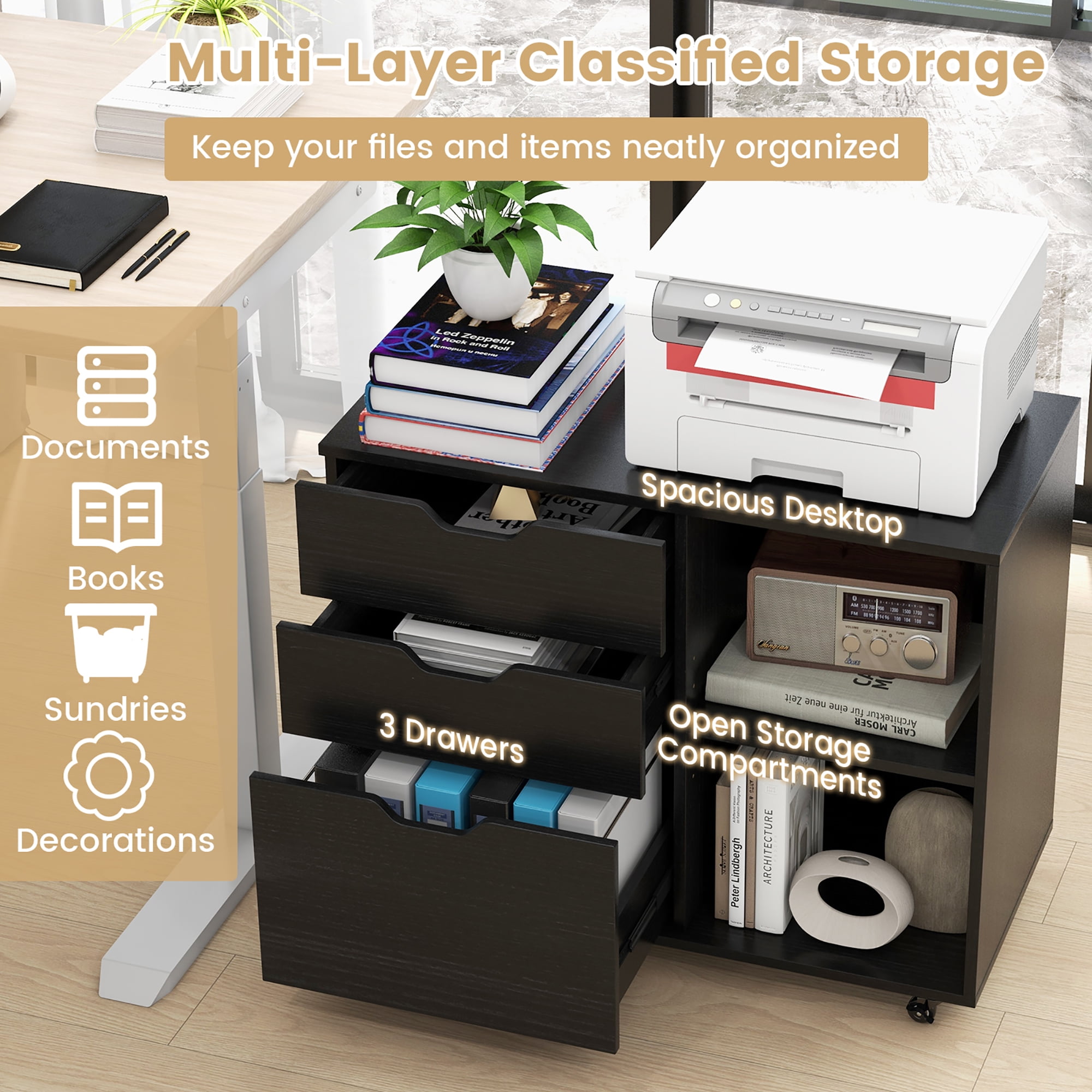 Gymax 3-Drawer Mobile File Cabinet w/ Open Adjustable Storage Shelf for Home Office Black