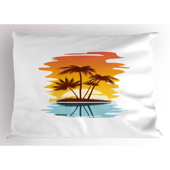 Ambesonne Beach Pillow Sham, Exotic Palm Trees Sunset, 26" X 20", Orange Pale Blue Brown