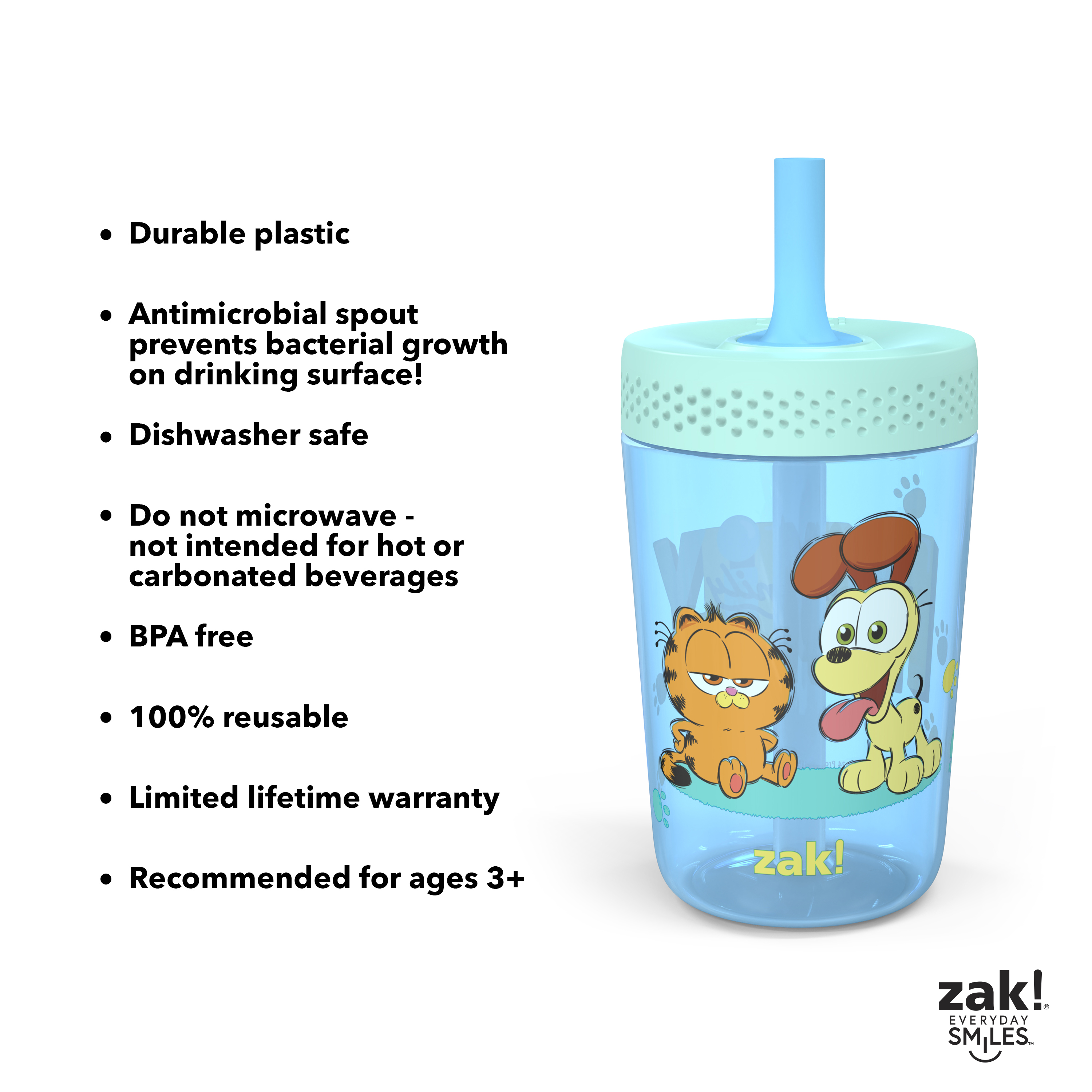 (2 pack) Zak Designs 15oz Garfield Kids Straw Tumbler, Durable Plastic Capri Tumbler with Silicone Straw Utilizing Leak-Proof Valve, Travel Straw Tumbler