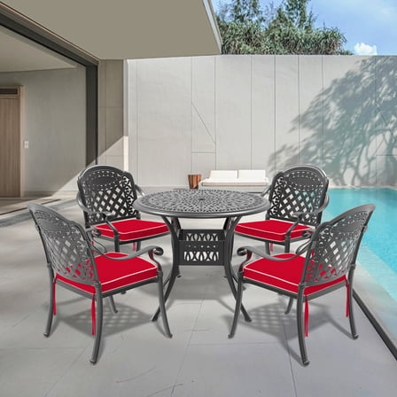 5-Piece Set Of Cast Aluminum Patio Furniture With Red Cushions
