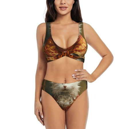Zeuib Haystack Meditating Cat High Waisted Tummy Control Bikini Set - Knot Front Push Up Top & Cheeky Thong Bottom  Two-Piece Swimsuit for Women-Medium