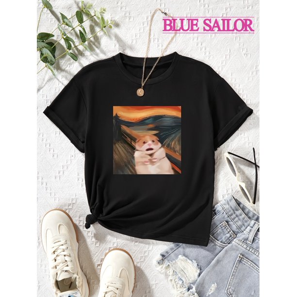 Surprised Hamster Print Crew Neck T-shirt For Girls, Casual Short Sleeve Top, Girl's Clothing For Summer Daily Wear