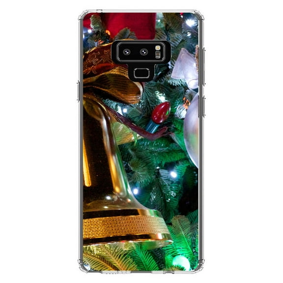 DistinctInk Clear Shockproof Hybrid Case for Samsung Galaxy Note 9 - TPU Bumper, Acrylic Back, Tempered Glass Screen Protector - Christmas Ornaments Bell - Christmas All Year