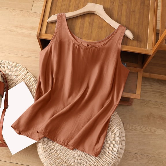 Women's Plus Size Linen Tank Top, Loose Fit Sleeveless Casual Vest, Solid Color Lightweight Summer Top for Vacation, Daily Wear and Street Style Coffee L
