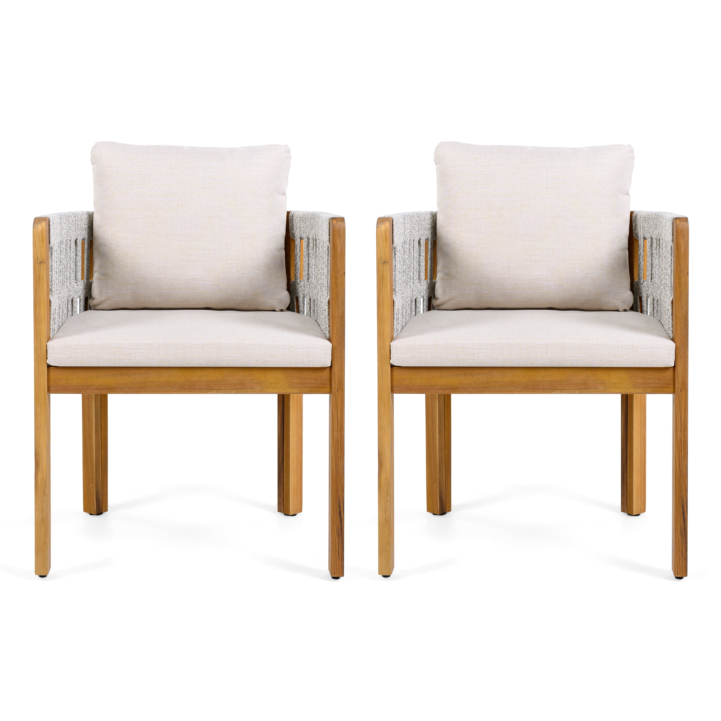 Acacia Wood Outdoor Dining Chairs Set of 2 with Mix Brown Rope Handles Washable Waterproof Beige Cushions, Teak