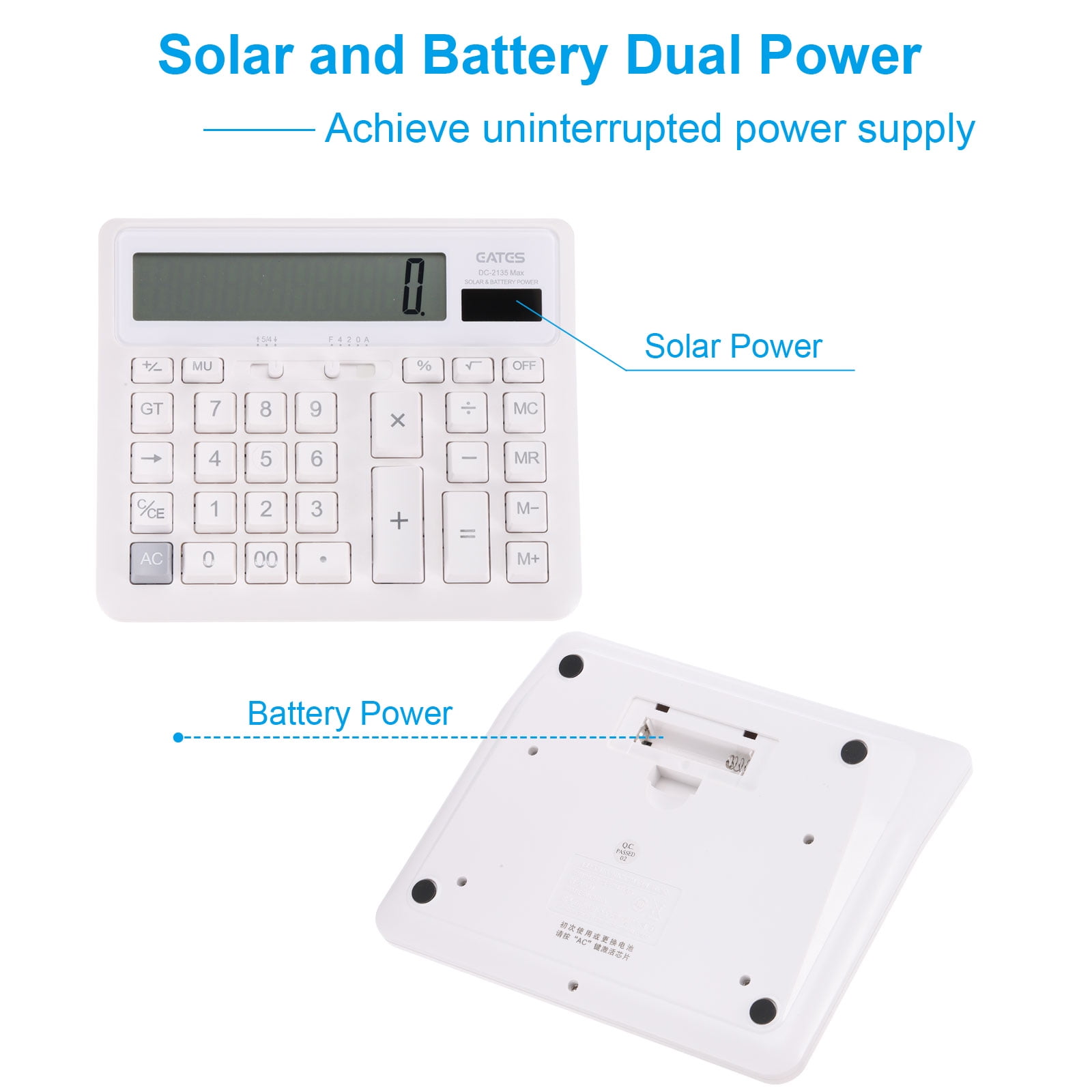 Uxcell Solar Battery Dual Powered 12 Digit Desk Calculator Electronic Calculator, White