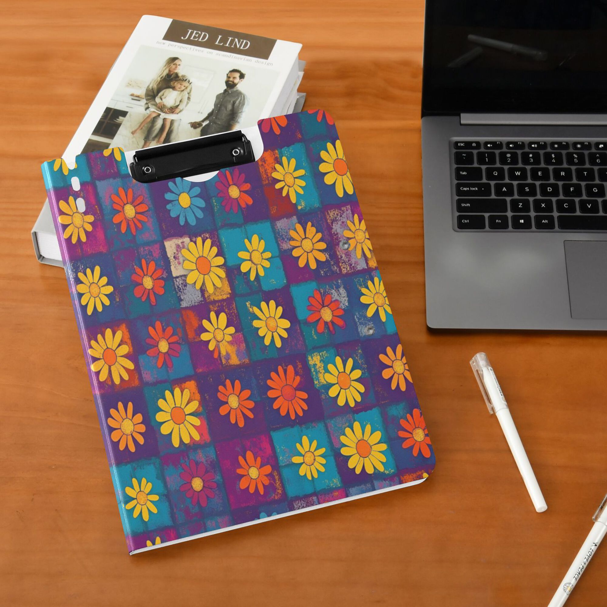 FORMRS A4 Clipboard Folder with Pen Holder Horizontal Foldable School Office Binder, Colorful Checkered Daisy