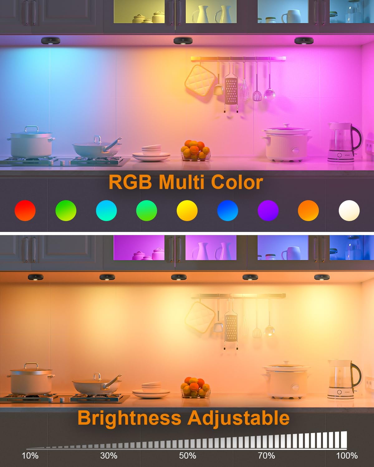 WILLED 6 Pack Rechargeable RGB Puck Lights with Remote Control, Wireless LED Tap Lights, Dimmable, 9 Colors, Timer Function, Under Cabinet Lighting for Kitchen, Closet, Counter, Shelf