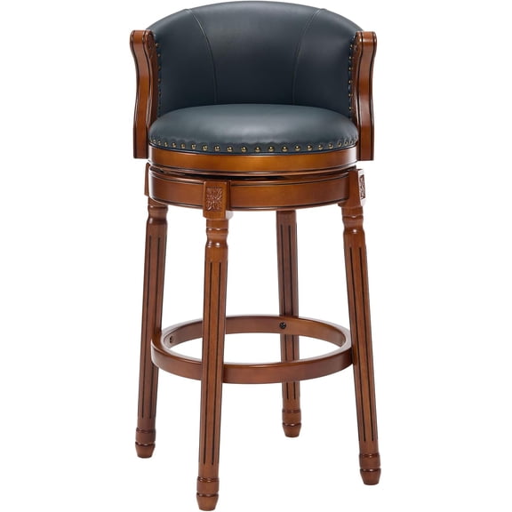 Rubber Wood Counter Height Bar Stool, Leather Upholstered Swivel Barstools w/Back & Footrest for Home, Kitchen, Counter, Dining Room (Navy Blue, 29.5" Seat)