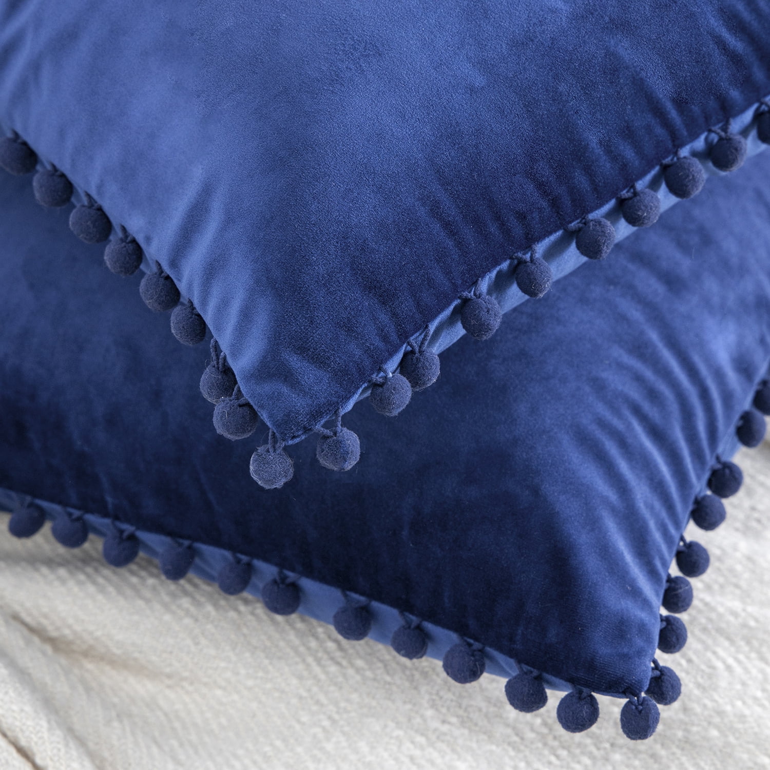Phantoscope Pom Pom Velvet Series Decorative Throw Pillow, 12" x 20", Navy Blue, 2 Pack