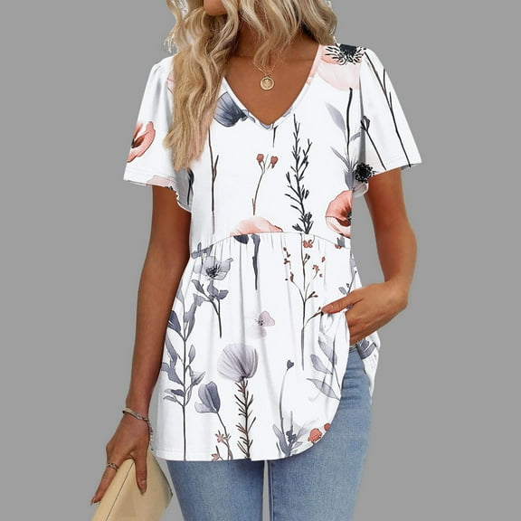 QUNYINEY V Neck Spring Tops for Women Floral Short Sleeve Casual Shirts Loose Peplum Tops