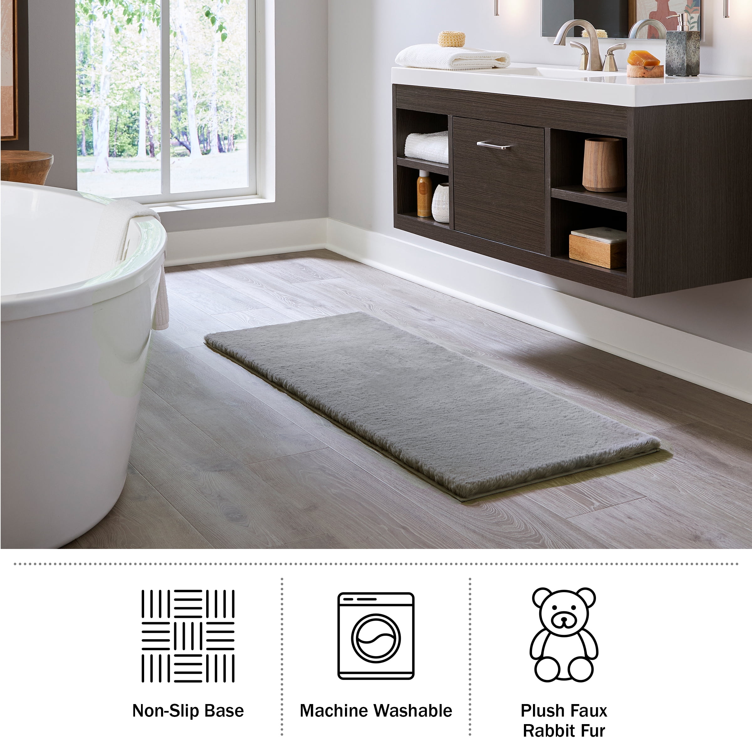 Home-Complete 24x60 Large Faux Fur Bath Mat for Hallway or Kitchen, Machine Washable Nonslip Rug, (Gray)