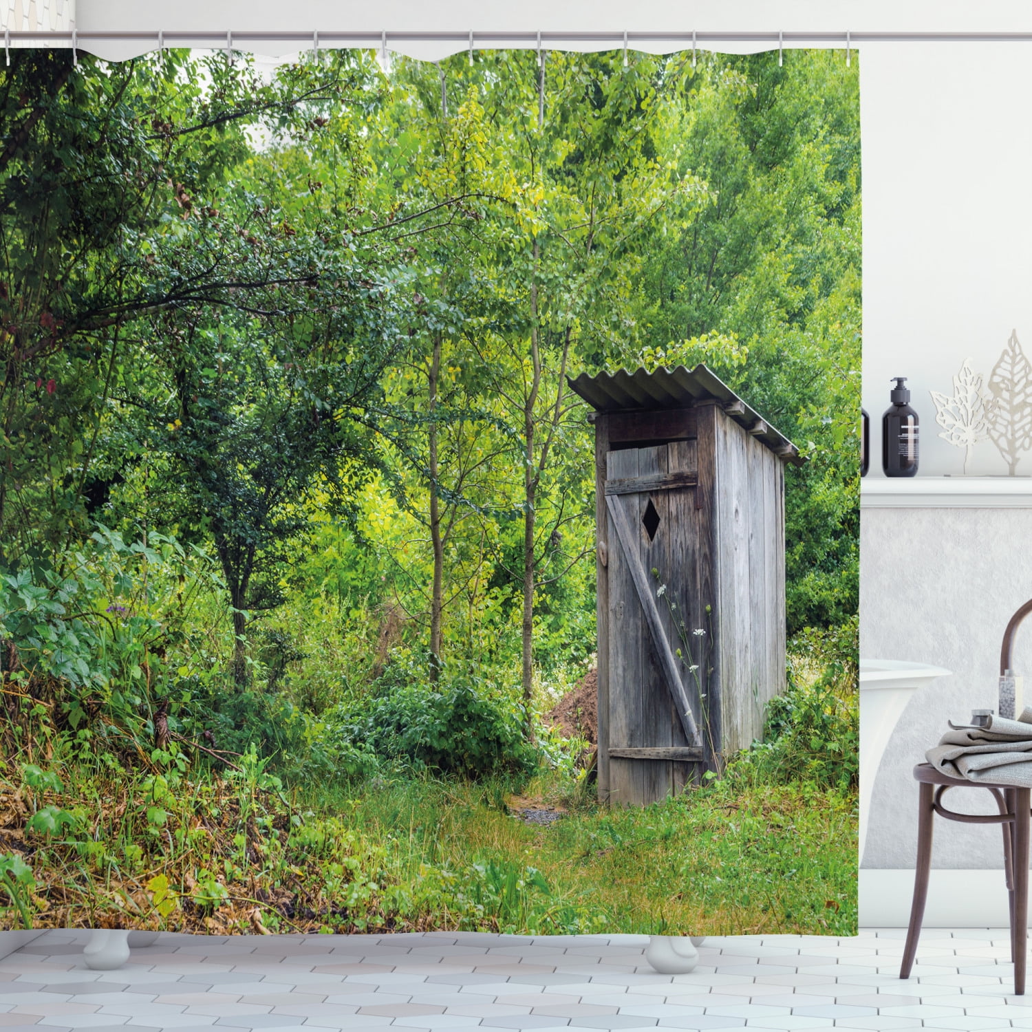 Outhouse Shower Curtain, Old Ancient Cottage Outhouse in a Spring Mountian Forest Woods Image