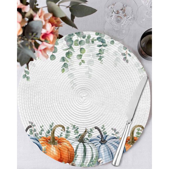 13 Inch Round Placemats Set of 4, Thanksgiving Pumpkins Non Slip Heat Insulation PP Table Mats, Fall Eucalyptus Leaves Autumn Country Washable Place Mats for Kitchen Dining Party Table Decor