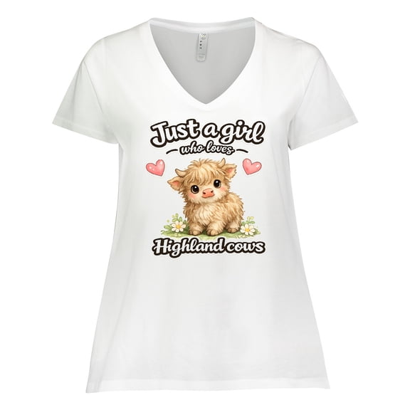 Inktastic Just a Girl Who Loves Highland Cows Cute Shirt Women's Plus Size V-Neck T-Shirt
