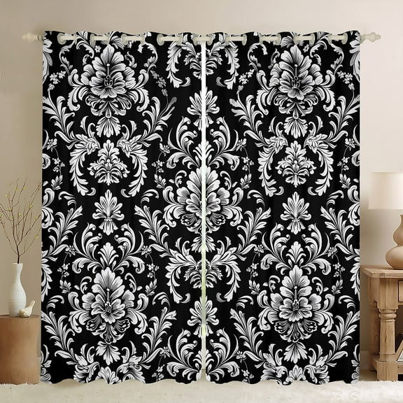 Manfei Boho Damask Adult Black Out Curtains, Retro Western Flower Print Curtains Pack of 2 (42x63 Each), Mandala Bohemian Style Bedroom Curtains, Curtains and Drapes Bedroom Decor