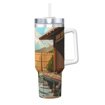 

Gaeub Tranquil Garden Landscape Print Stainless Steel Hot/Cold Coffee Cup 40oz Ice Bully Cup With Handle And Straw Travel Coffee Cup