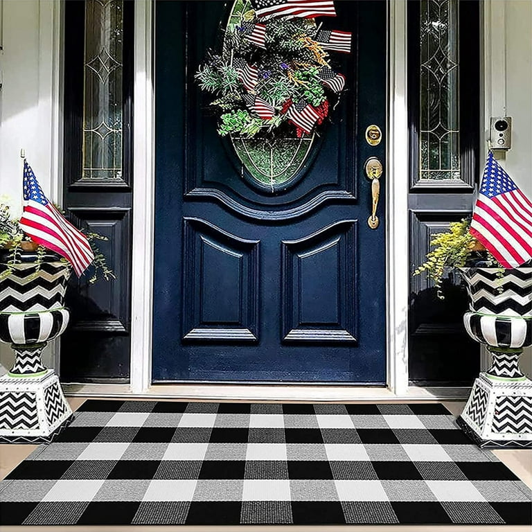 Buffalo Check Outdoor Rug 23.6X35.4 Cotton Hand Woven Check Front Door  Mat, Washable Black Outdoor Rug For Porch/Front Porch/Farmhouse Black And  White 