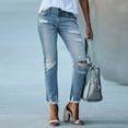 thumbnail image 4 of Women Patchwork Destroyed Raw Hem Jeans Ripped Hole Denim Pants, 4 of 5