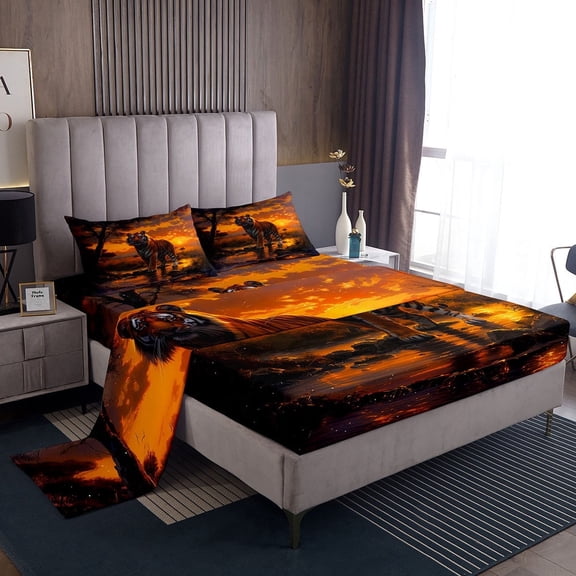 Erosebridal Tiger Print Bed Sheets Set Queen Size, Jungle Lake Bed Sheets Queen, Wildlife Animal Reversible Sheet Set Queen, Microfiber Bedroom Decor, 4-Piece