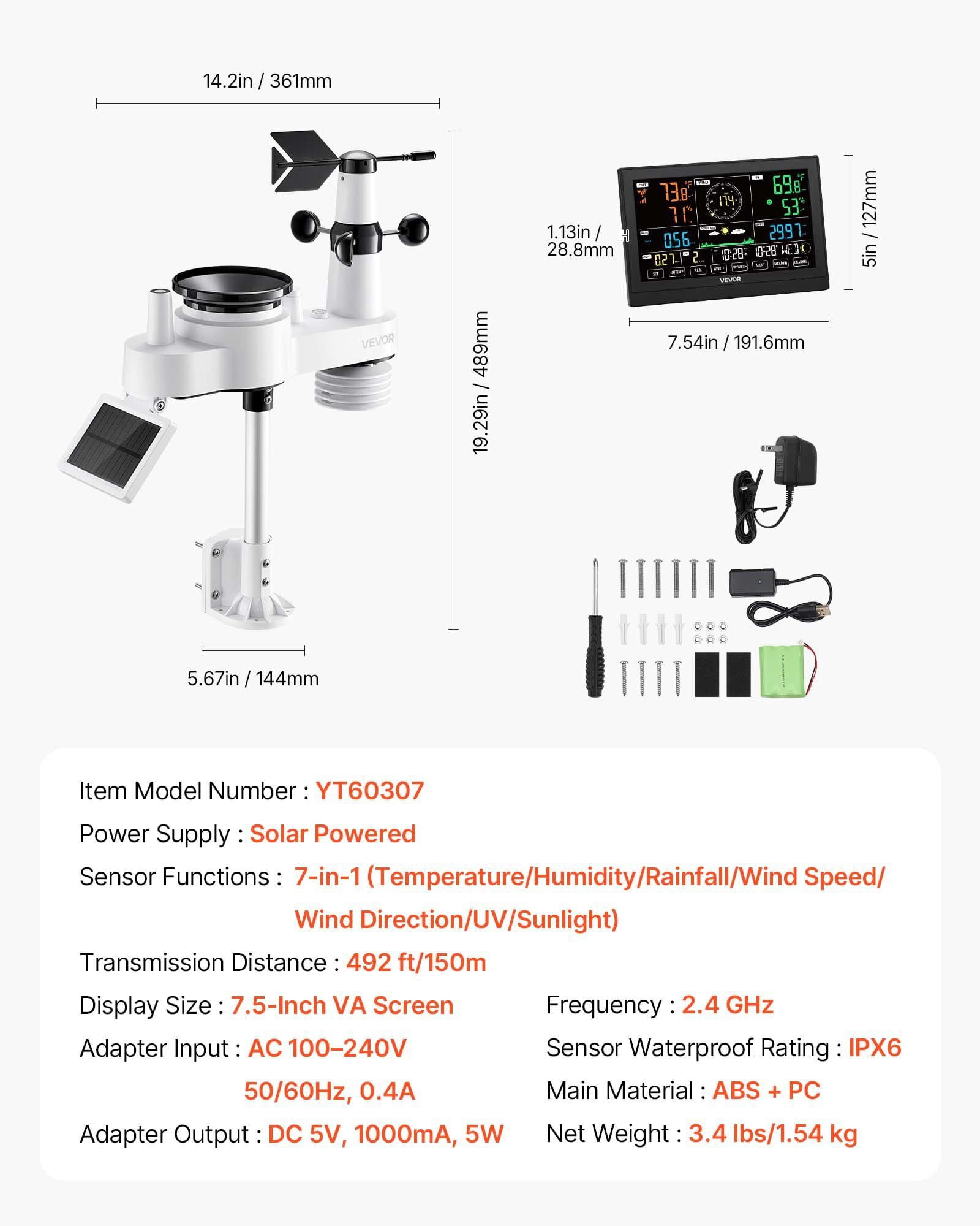 7 in 1 Wi-Fi Weather Station with 7.5 Inch VA Display Wireless Solar Powered Outdoor Sensor Rain Gauge for Indoor Outdoor Weather Forecast Wind Speed Temperature Humidity Rainfall