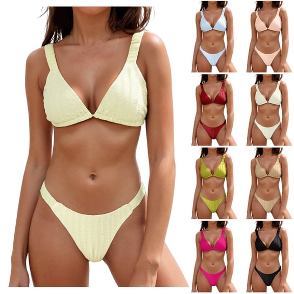 felwors Women's 2 Piece Bikini Set Textured Ruched Low Rise Removable Paded Swimsuit Bathing Suit(Khaki, S)
