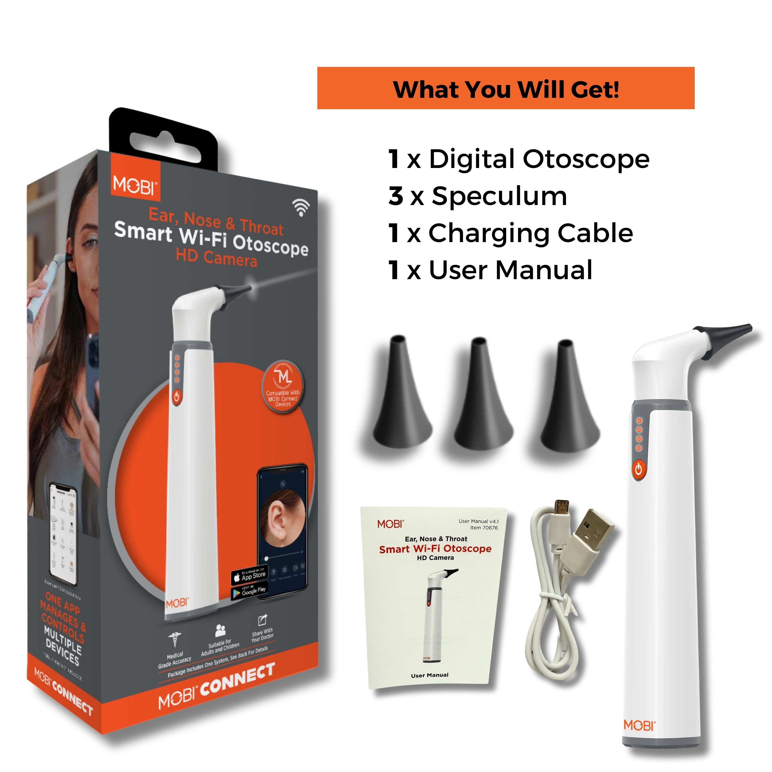MOBI Smart Baby Otoscope Jr – 1080P HD Ear Camera with LED Lights | Helps Detect Ear Infections Early | Safe Ear, Nose & Throat Scope for Kids, Toddlers, Adults | Home Health Monitoring Tool