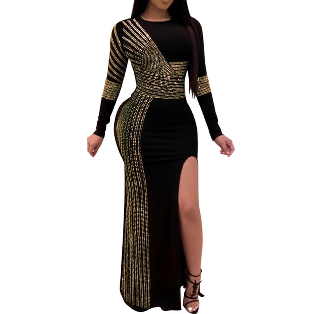 Vestido Nagfar Rhinestone sexy con abertura y manga larga para mujer
