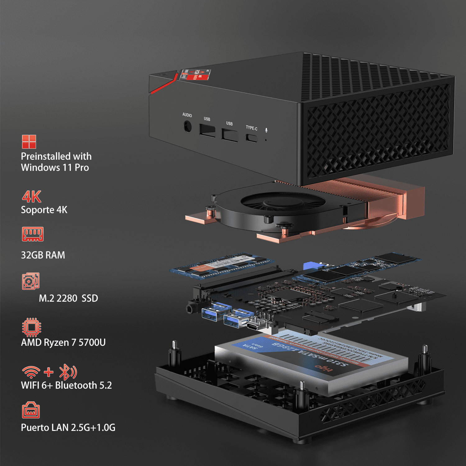 NIPOGI AM06PRO Mini PC with AMD Ryzen 7 5700U, 32GB RAM, 512GB SSD