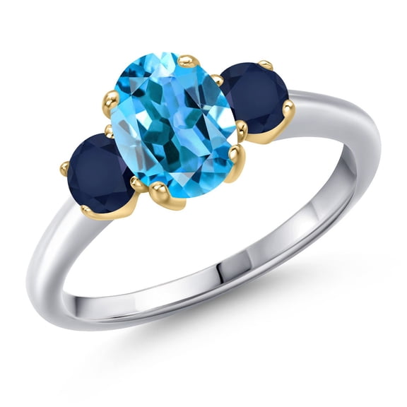 Gem Stone King 925 Silver and 10K Yellow Gold Swiss Blue Topaz and Blue Sapphire Engagement Ring for Women | 2.20 Cttw | Oval 8X6MM | Gemstone November Birthstone | Size 9