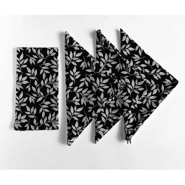 Vargottam Designer Cotton Canvas Napkins - Set of 12, 20-Inch, Black Leaves Design, Durable & Absorbent Cloth Napkins for Dining, Parties, and Home Decor - Machine Washable